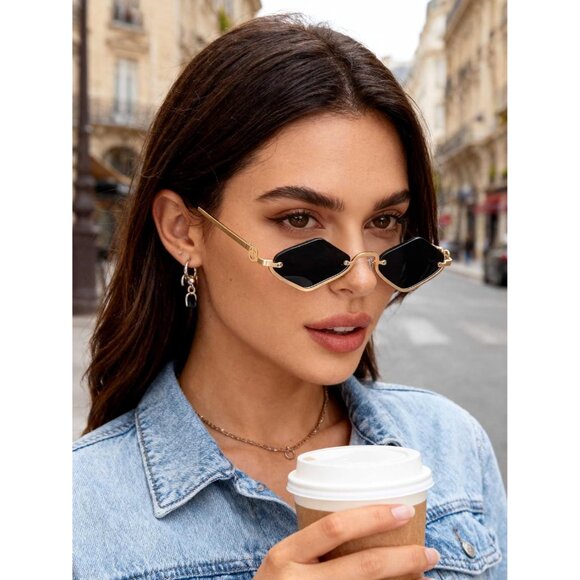 Unisex Retro Y2K Sunglasses Gold Frame Gray Lens UV400 Semi-Rimless - Picture 2 of 9